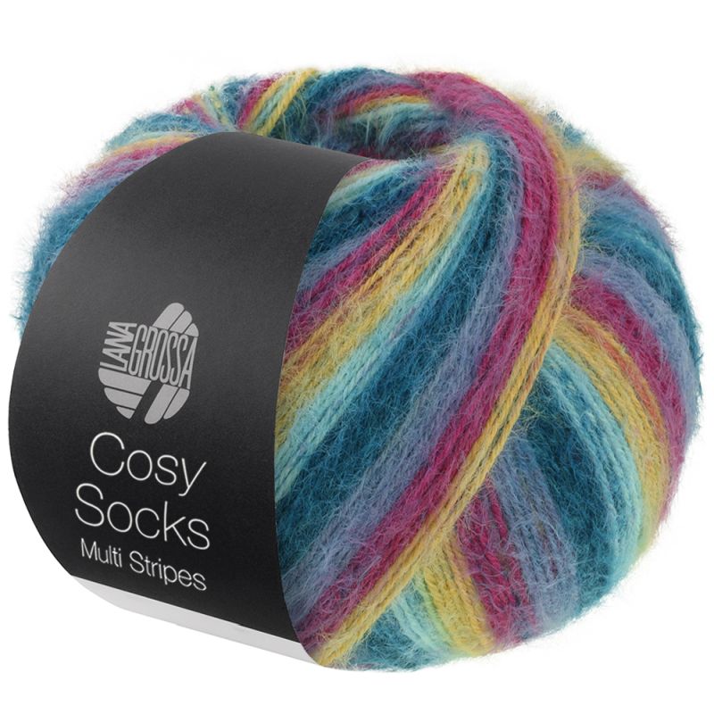 155 Dunkelpetrol/Helltürkis/Gelb/Orchidee/Grauviolett (Cosy Socks Multi Stripes)